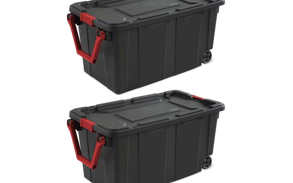 Sterilite 40 Gallon/151 Liter Wheeled Industrial Tote, Black Lid & Base w/ Racer Red Handle & Latches, 2-Pack