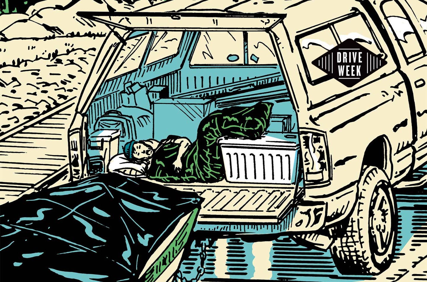 illustration of man sleeping in the back of the truck.
