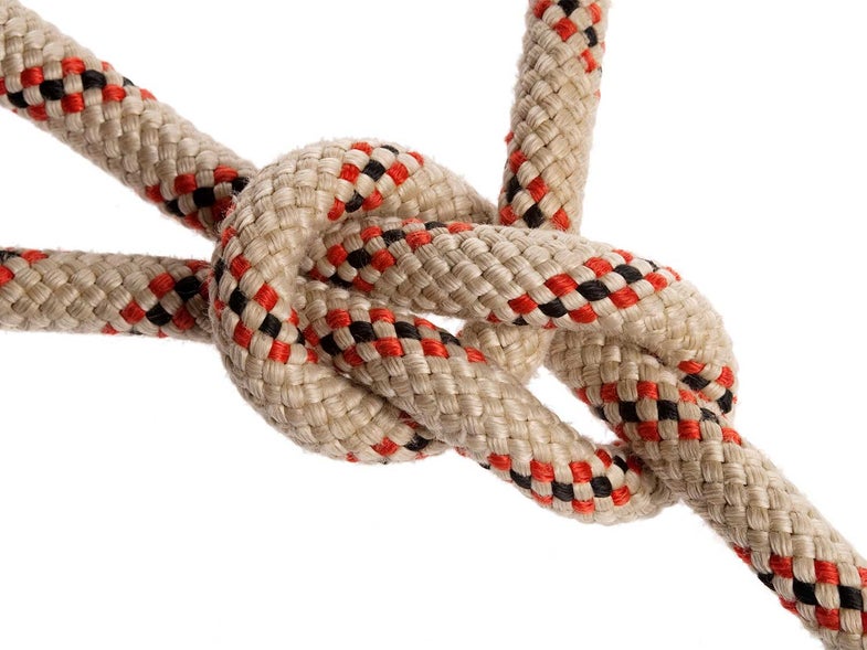 An up close image of a bowline knot.