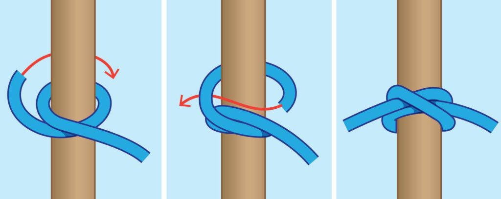 A step-by-step diagram of how to tie a clove hitch.