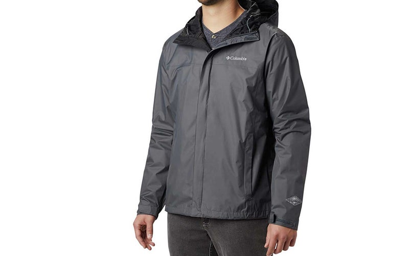 Man wearing grey Columbia rain jacket