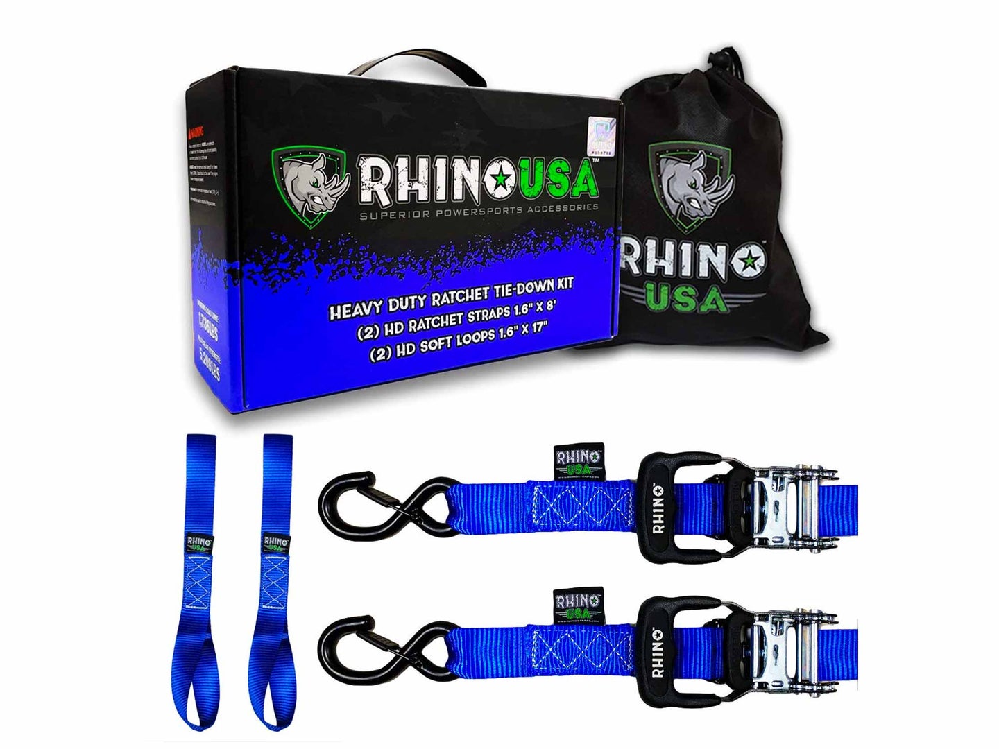 Rhino blue motorcycle ratchet straps