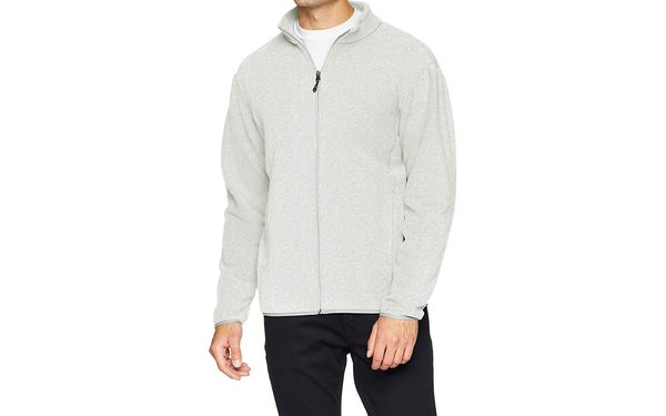 Man wearing fleece jacket from Amazon Essentials