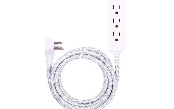 GE Designer Extension Cord With Surge Protection, Braided Power Cord, 8 ft, 3 Grounded Outlets, Flat Plug, Premium, Gray/White