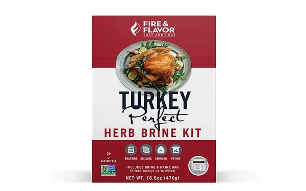 Fire & Flavor turkey brine kits are available in apple sage, Cajun, and herb flavors.