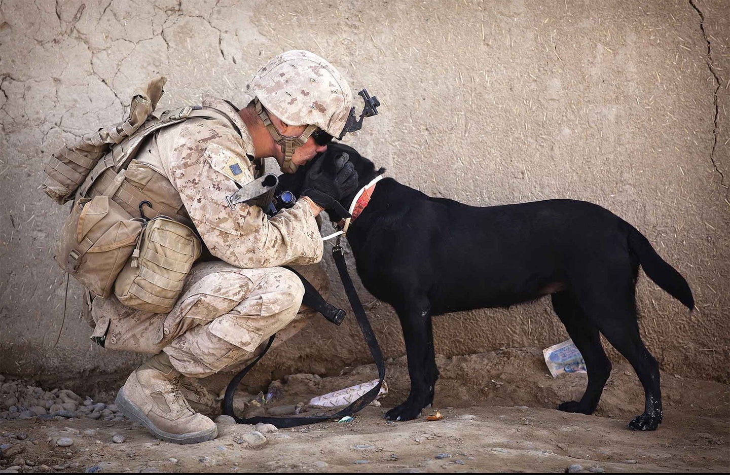Soldier kissing black dog.