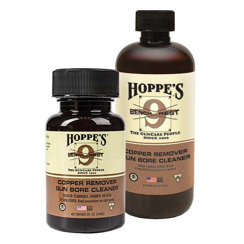 Use Hoppeâs No. 9 Benchrest Copper Bore Cleaner for .25 caliber and smaller bores.