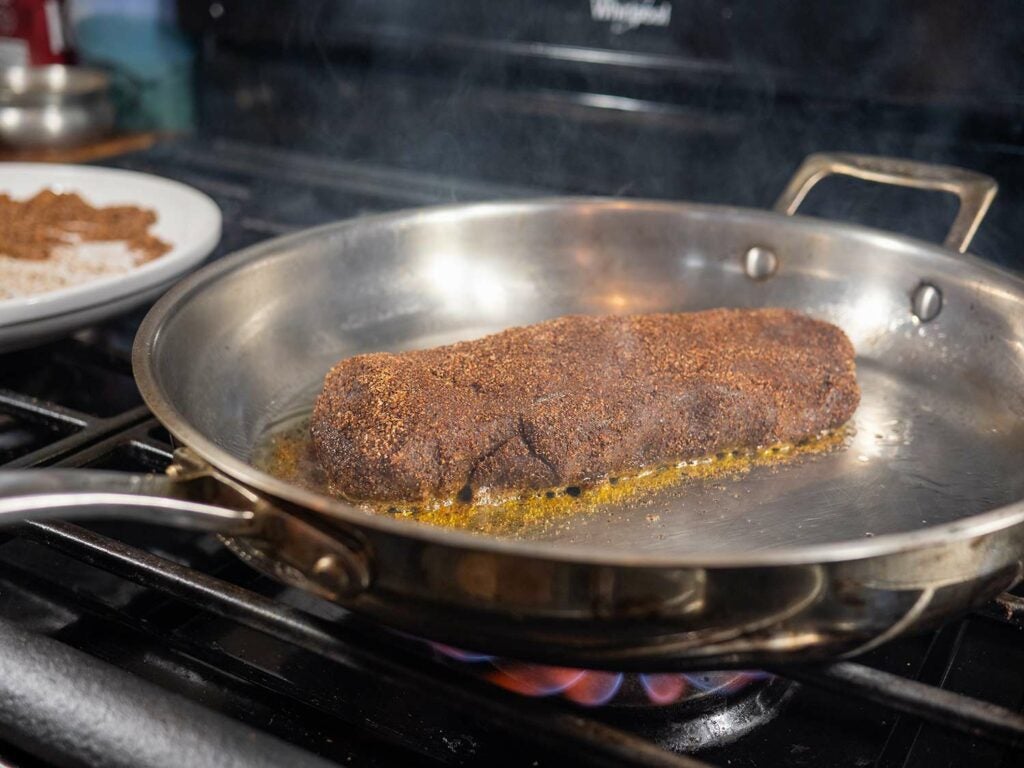 A proper sear is the first and most important step in cooking perfect backstrap.