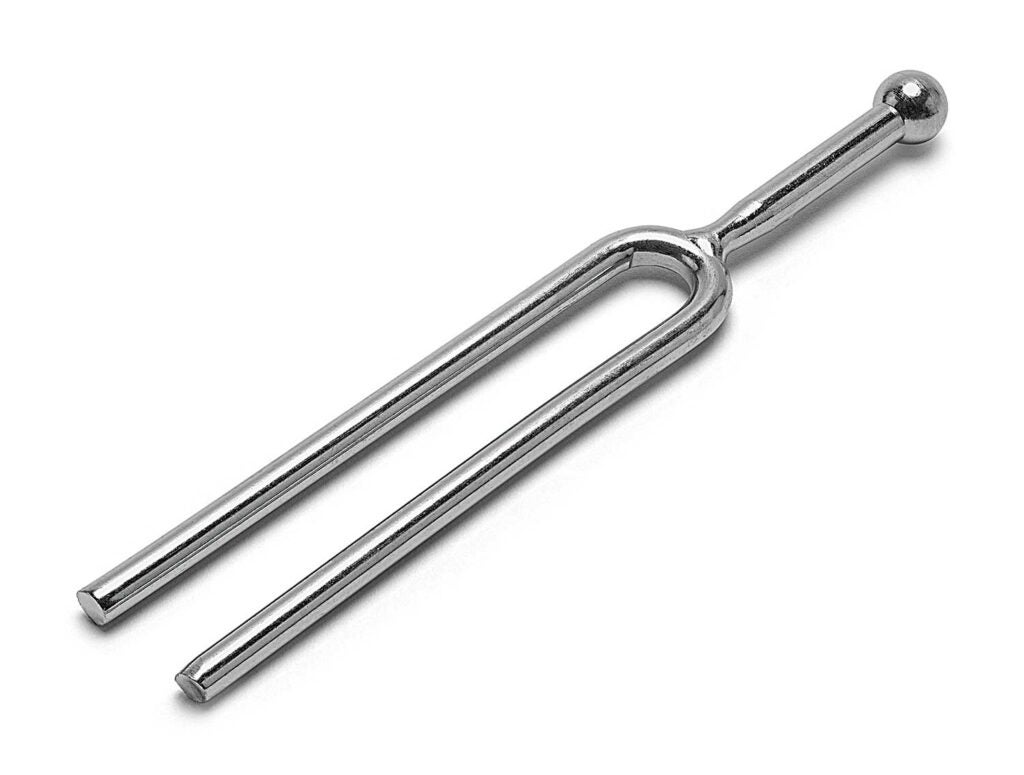 A metal tuning fork.