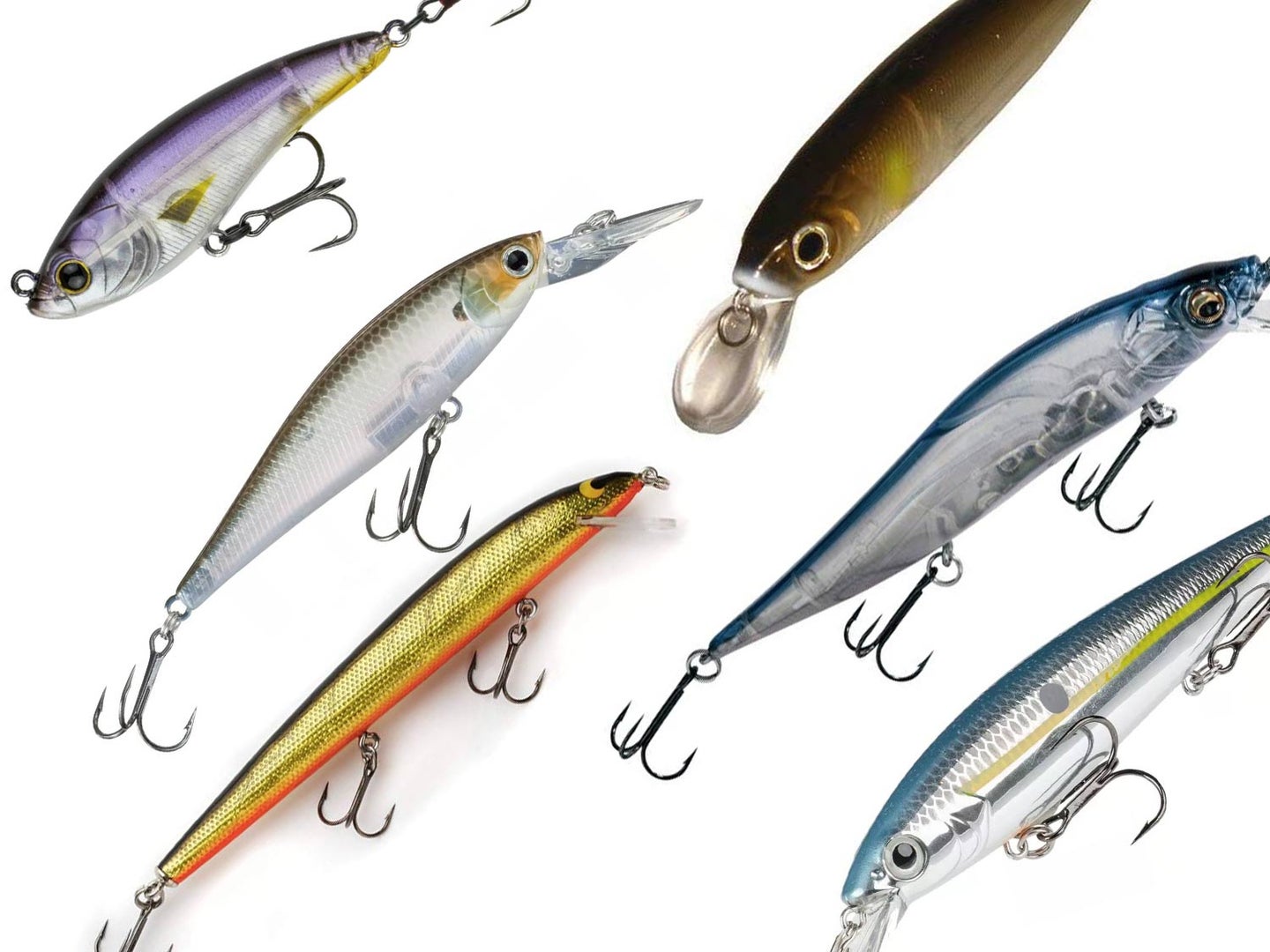 A collection of jerkbait fishing lures.