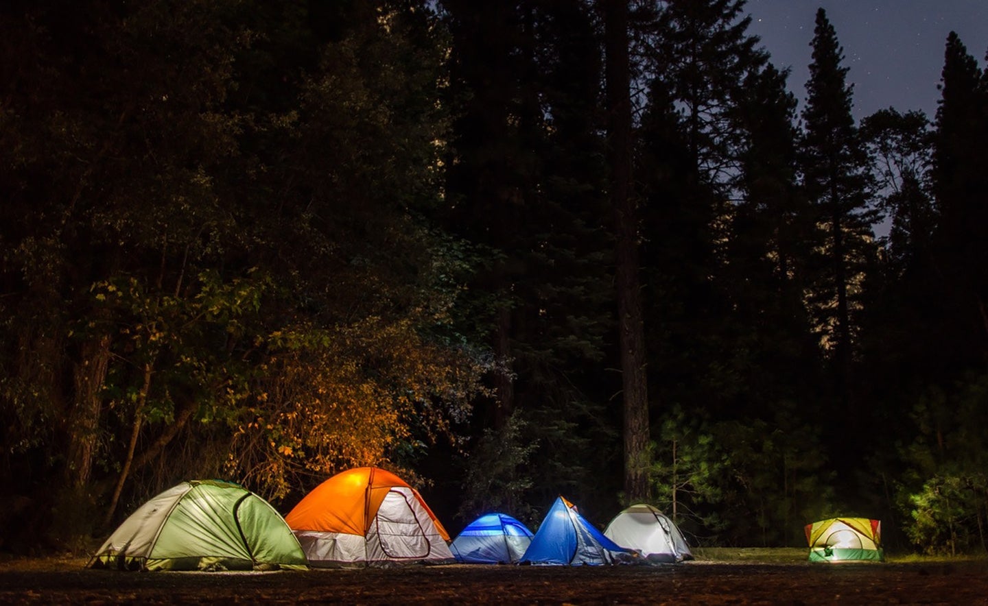 A group of tents in the woods at night.