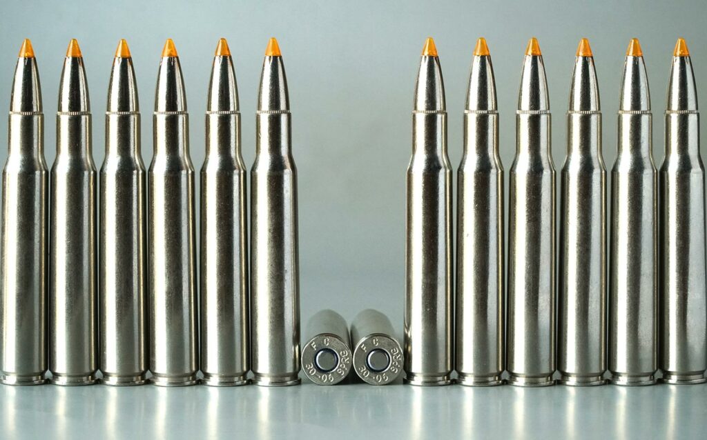 A lineup of Federal Premium Vital Shock .30/06 rounds loaded with 165-grain Trophy Bonded Tip bullets.