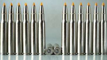 A lineup of Federal Premium Vital Shock .30/06 rounds loaded with 165-grain Trophy Bonded Tip bullets.