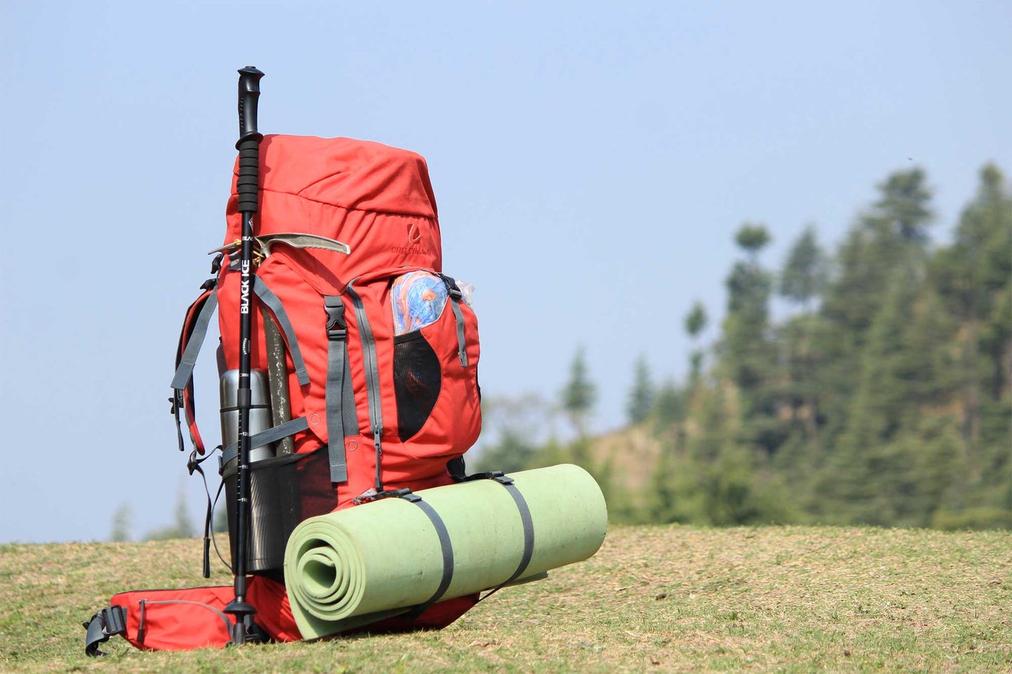 Backpacking equipment on a hill