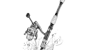 Illustration of a fishing rod and reel.