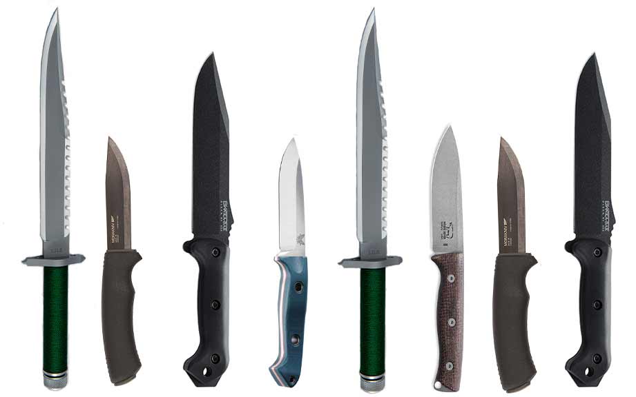 a collage of hunting and survival knives.