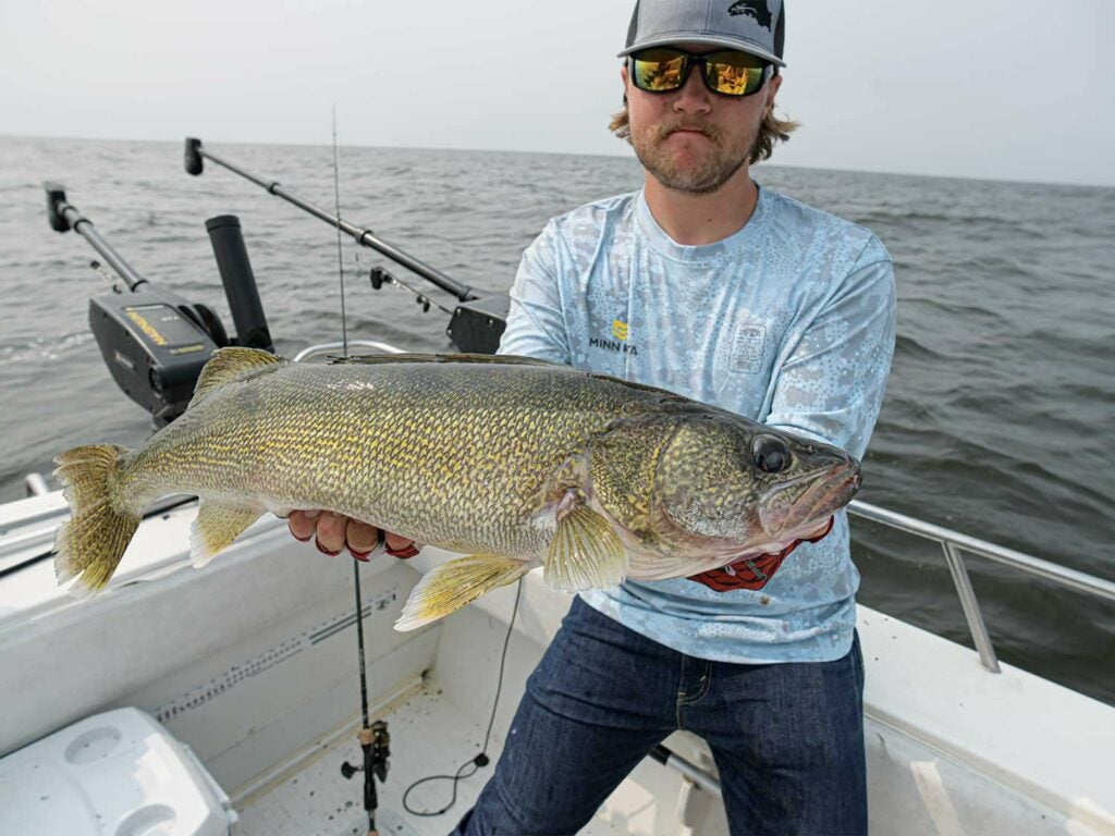 An angler holding a large walleye.