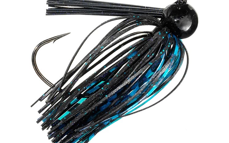 A black and blue Berkley fishing lure.