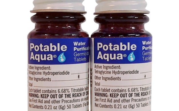 Two bottles of potable aqua iodine tablets.