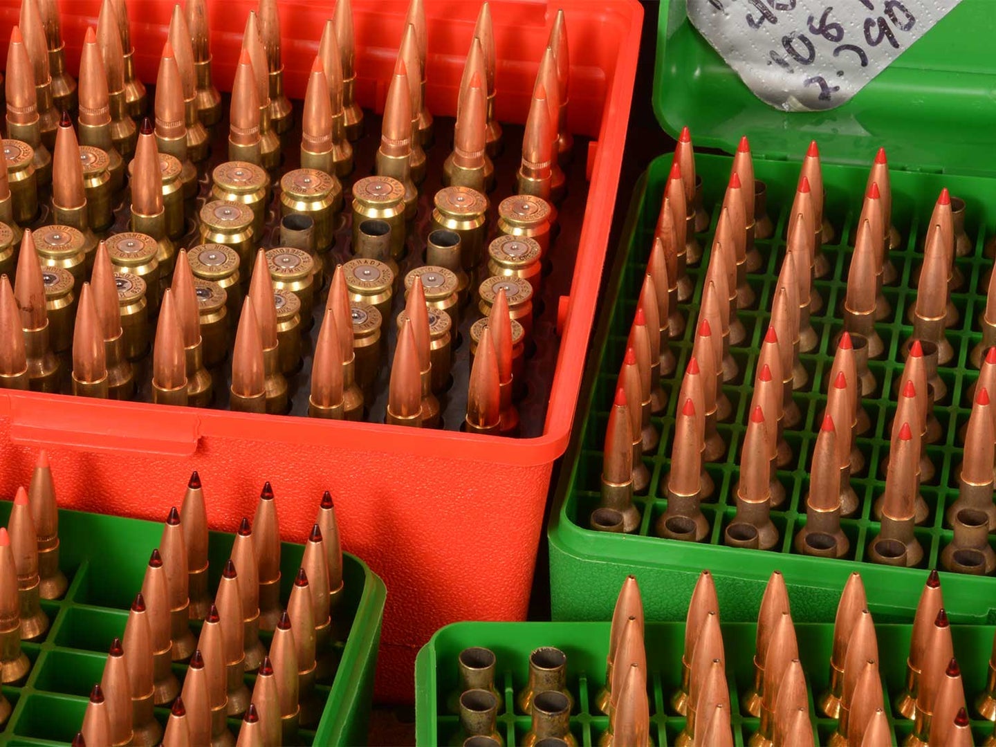 Boxes of reloaded handgun ammo.