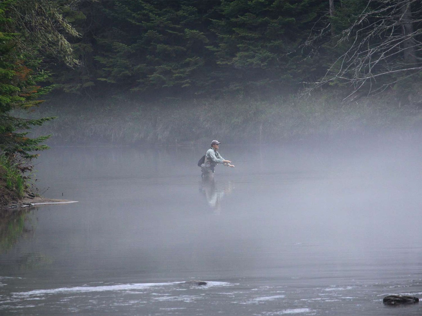A fly angler wading through a river and fishing in the fog.