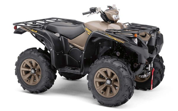 A brown and black Yamaha Grizzly ATV on a white background.
