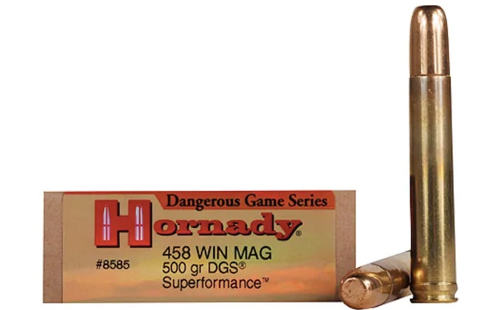 Hornady Dangerous Game Series Superformance in .458 Winchester Magnum on a white background.