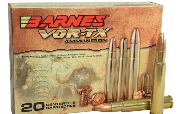 Barnes Vor-TX Safari ammo in .416 Rigby on a white background.