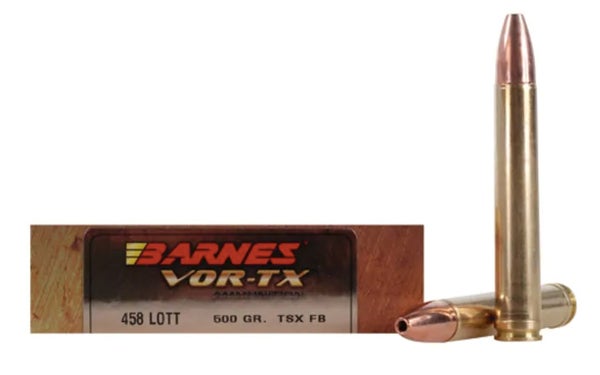 Barnes Vor-TX Safari ammo in .458 Lott on a white background..