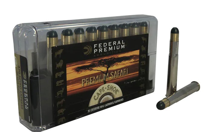 Federal Premium Cape-Shok ammo in .470 Nitro Express box on a white background.