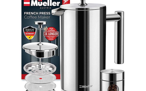Mueller French Press 20% Heavier Duty Double Insulated 310 Stainless Steel Coffee Maker 4 Level Filtration System 100% No Coffee Grounds Guarantee, Rust-Free, Dishwasher Safe