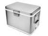 A silver yeti stainless steel cooler.