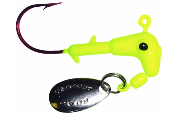 A yellow and silver hook lure on a white background.