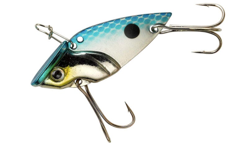 A blue and silver fishing lure on a white background.