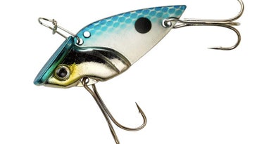 A blue and silver fishing lure on a white background.
