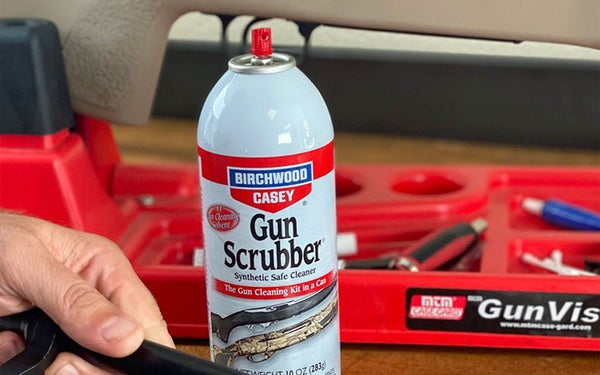 A can of Birchwood Casey gun scrubber