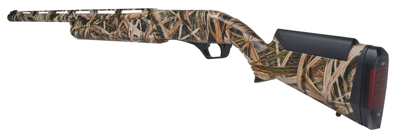 A rear profile of a camoflauge painted shotgun.