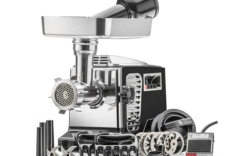 STX Turboforce II"Platinum" w/Foot Pedal Heavy Duty Electric Meat Grinder & Sausage Stuffer: 6 Grinding Plates, 3 S/S Blades, 3 Sausage Tubes, Kubbe, 2 Meat Claws, Burger-Slider Patty Maker - Black