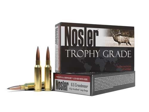 A box of Nosler Trophy Gradea mmo and rifle ammo on a white background.