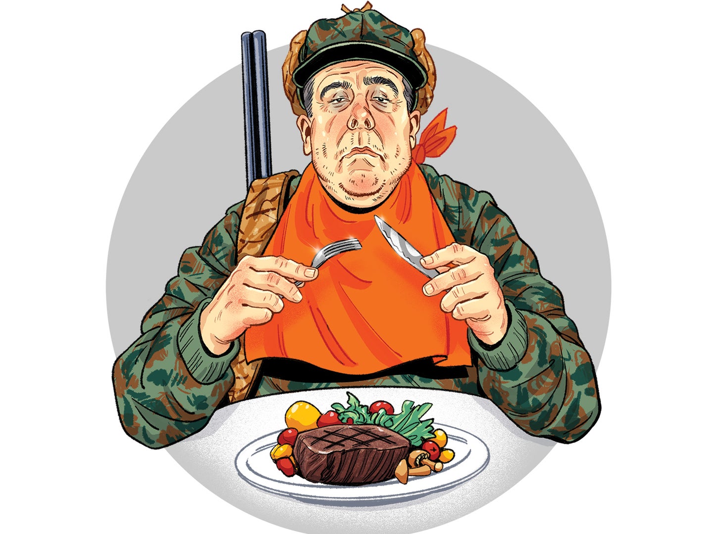 Illustration of a hunter eating a steak.