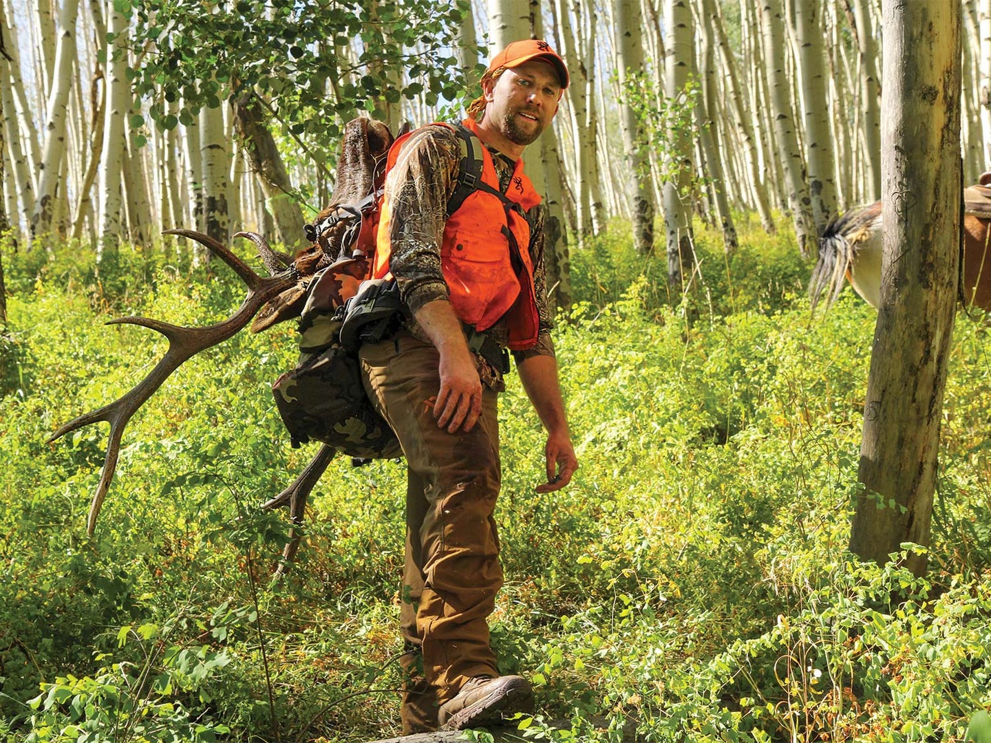 A hunter in camo and orange carries a backpack and elk antlers through sunlit woods.