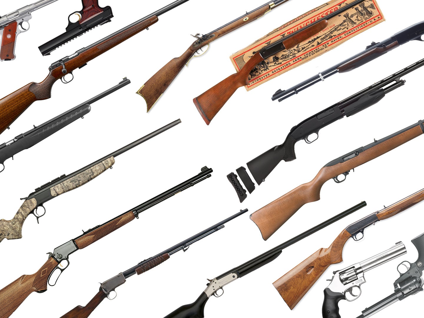 A collection of squirrel hunting rifles, shotguns, and handguns on a white background.