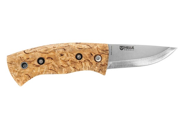 A Helle Kletten folding knife with a wooden handle on a white background.
