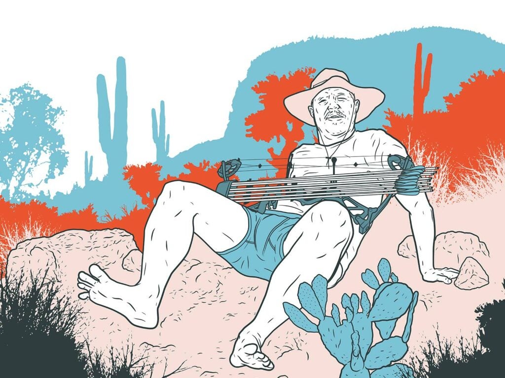 Illustration of a man in pajamas and underwear slowly backing away on his butt, hands and feet with a compound bow in his lap.