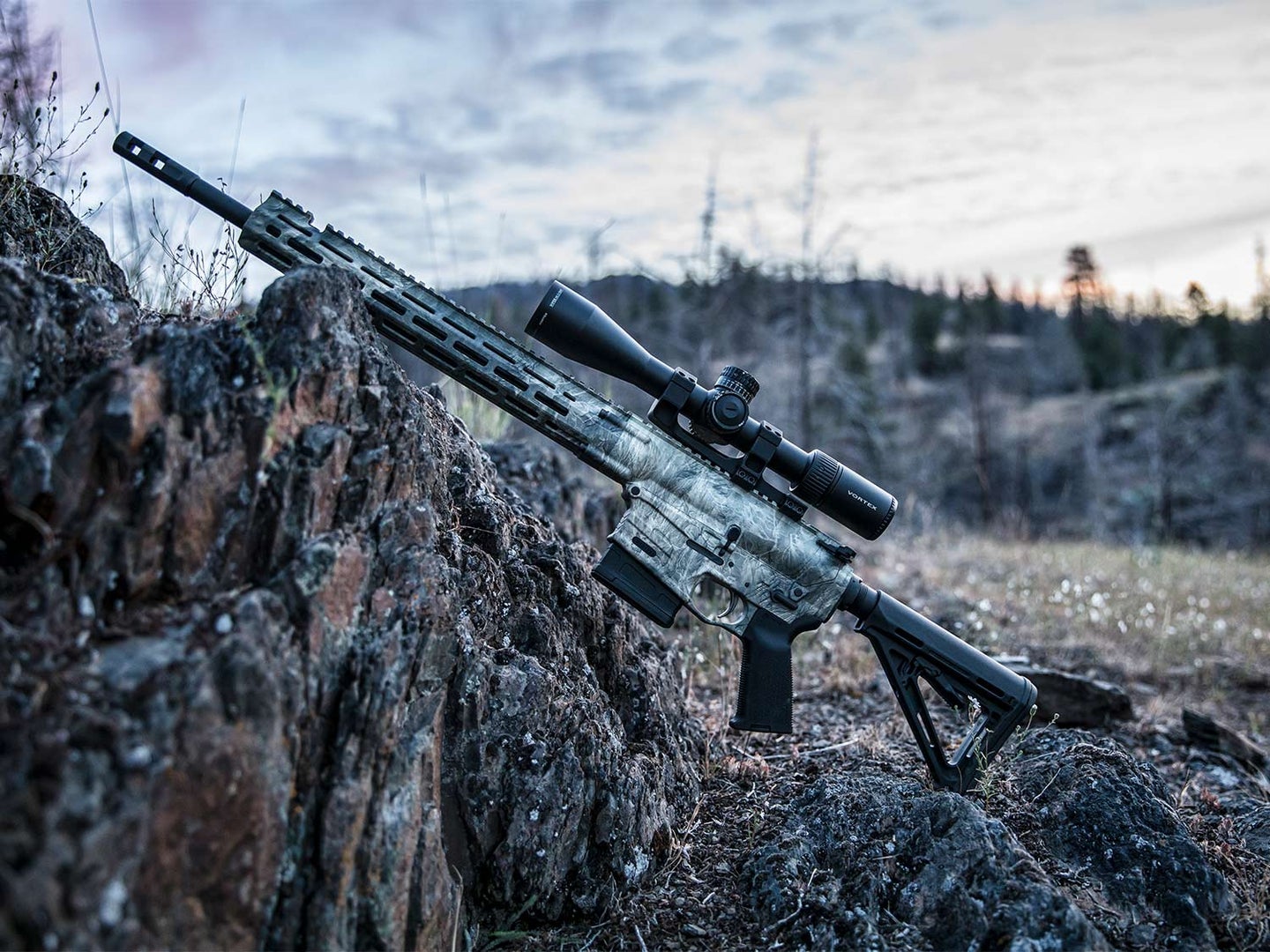 The Savage Arms MSR 10 Hunter Overwatch rifle leaning against a small rock formation in the wilderness.