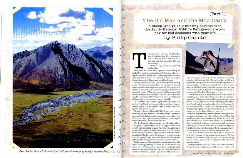 Article clipping from a Field & Stream magazine showing a photograph of a mountain scape.