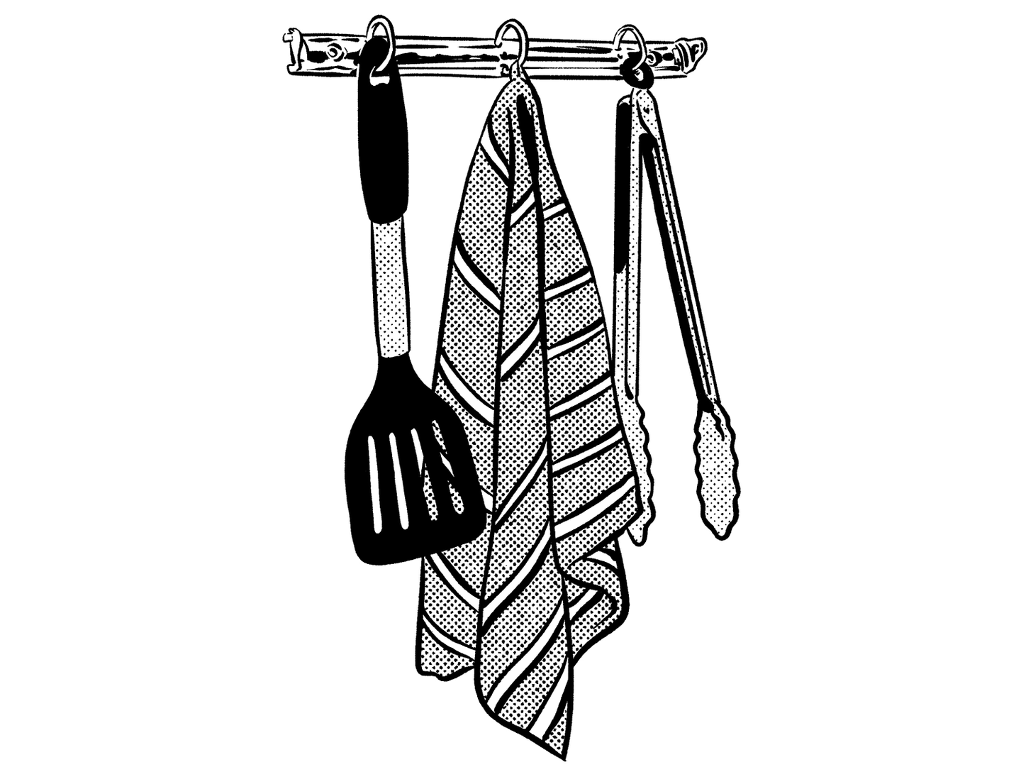 An illustration of kitchen utensils hanging on a rack.