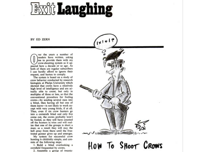 A black and white illustration of a man hunting crows next to a magazine article of crow hunting tips.