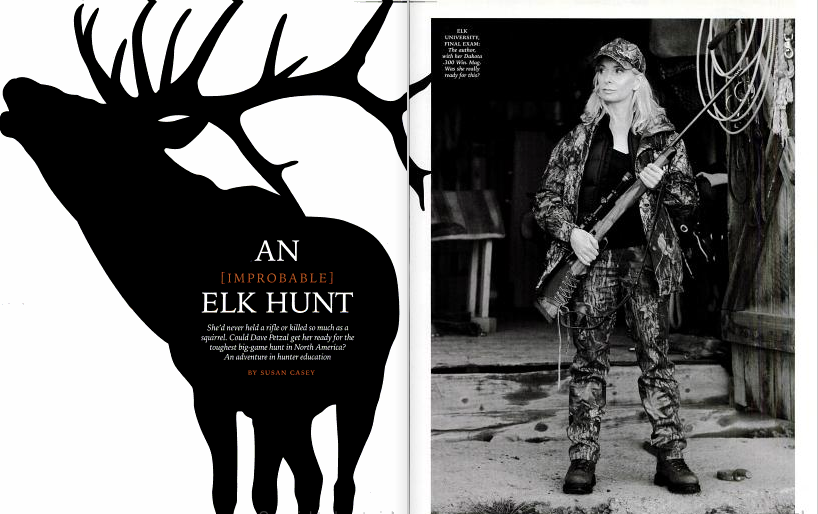 A clipping from field and stream magazine showing a female hunter next to the silhouette of an elk.