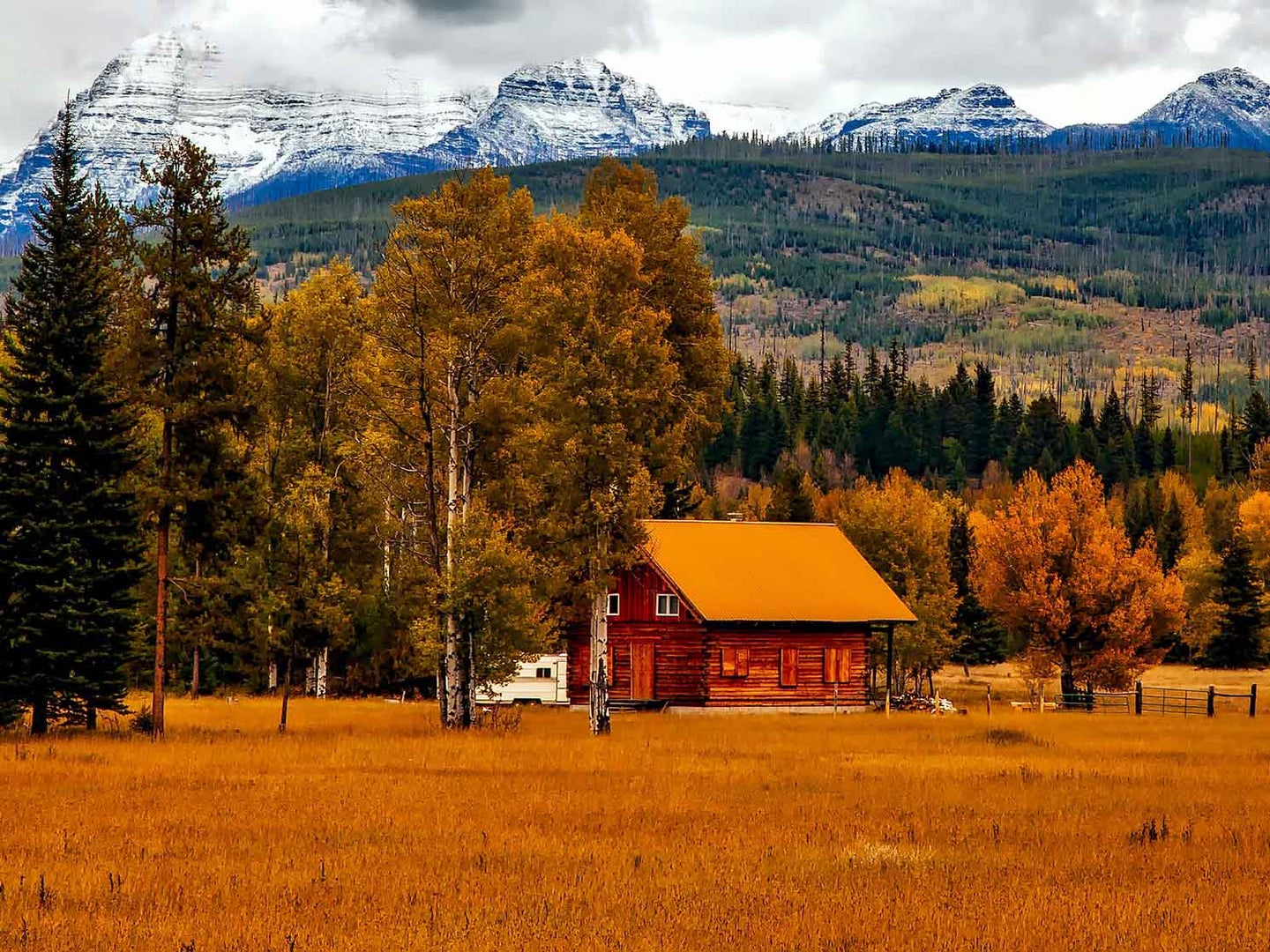 Cabin surrounded by autumnal foliage